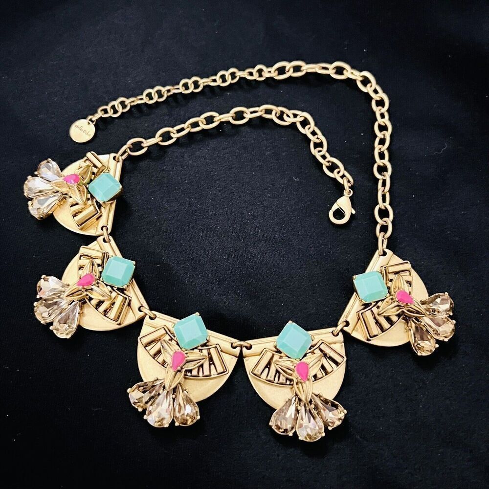 Stella & Dot Devina Green Pink Collar Statement Necklace Antique Gold 1550